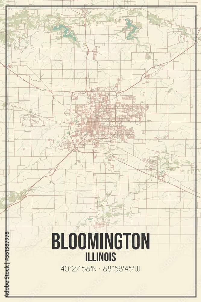 Retro US city map of Bloomington, Illinois. Vintage street map.