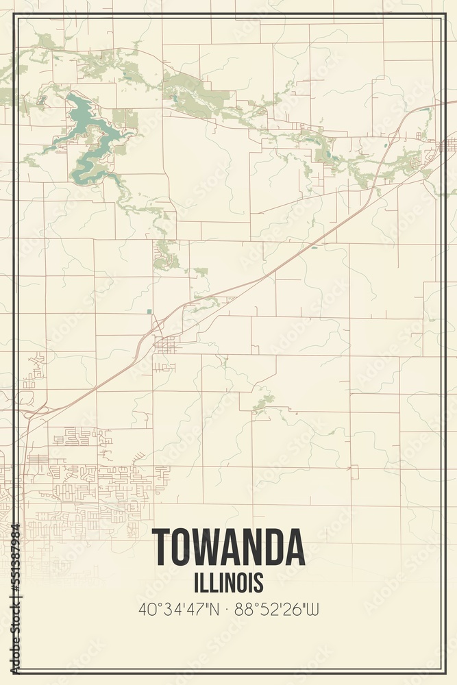Retro US city map of Towanda, Illinois. Vintage street map.