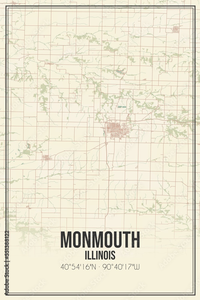 Retro US city map of Monmouth, Illinois. Vintage street map.
