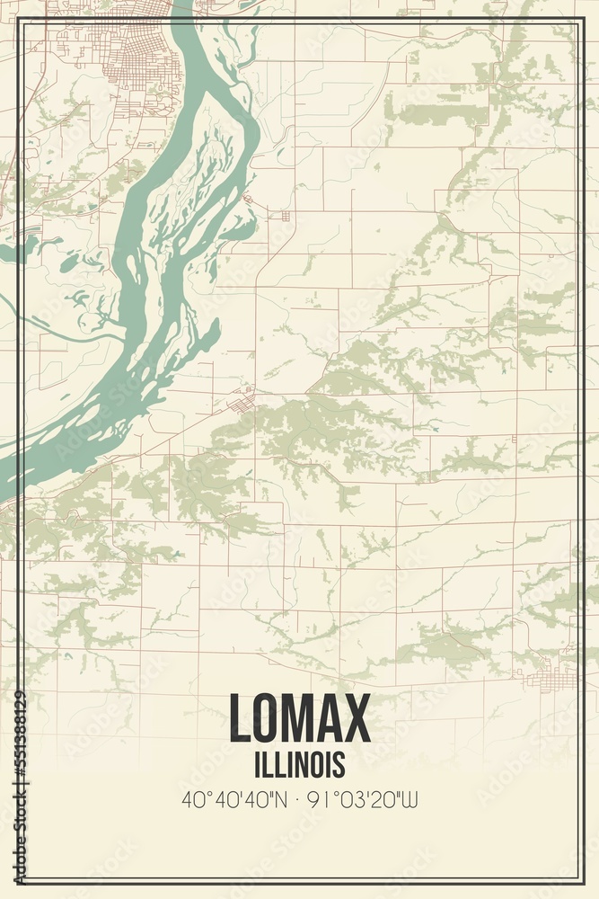 Retro US city map of Lomax, Illinois. Vintage street map.
