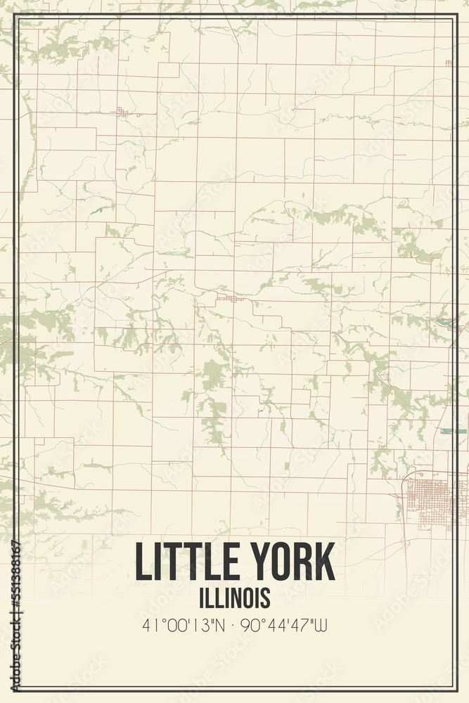 Retro US city map of Little York, Illinois. Vintage street map.