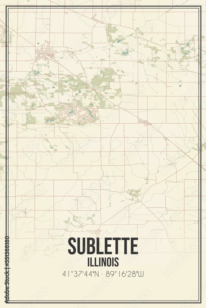 Retro US city map of Sublette, Illinois. Vintage street map.