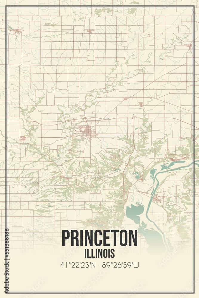 Fototapeta premium Retro US city map of Princeton, Illinois. Vintage street map.