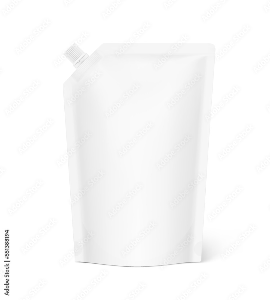 Pouch bag mockup with corner spout. Vector illustration isolated on white background. Front view. Can be use for template your design, presentation, promo, ad. EPS10. Pouch bag mockup with corner spout. Vector illustration isolated on white background. Front view. Can be use for template your design, presentation, promo, ad. EPS10.