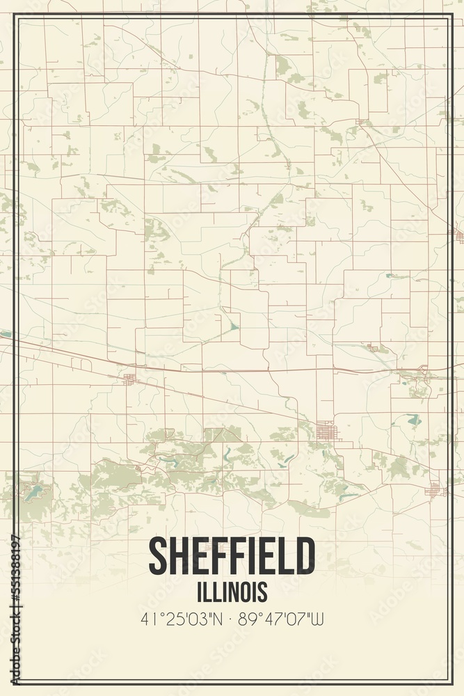 Retro US city map of Sheffield, Illinois. Vintage street map.