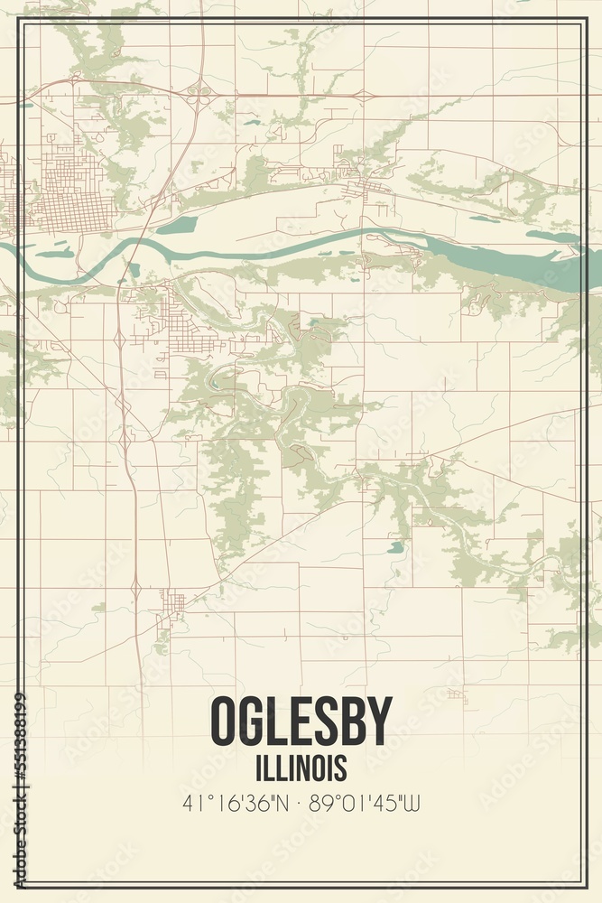 Retro US city map of Oglesby, Illinois. Vintage street map.