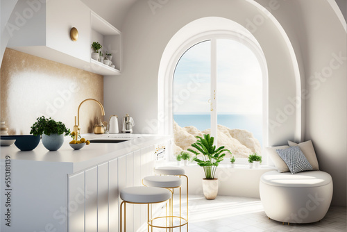 Minimalist Modern Kitchen Sea View, House Sea View, 3D illustration Scandinavian Interior Design, Luxury Hotel Ocean View