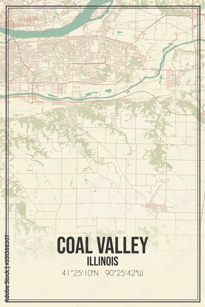 Retro US city map of Coal Valley, Illinois. Vintage street map.
