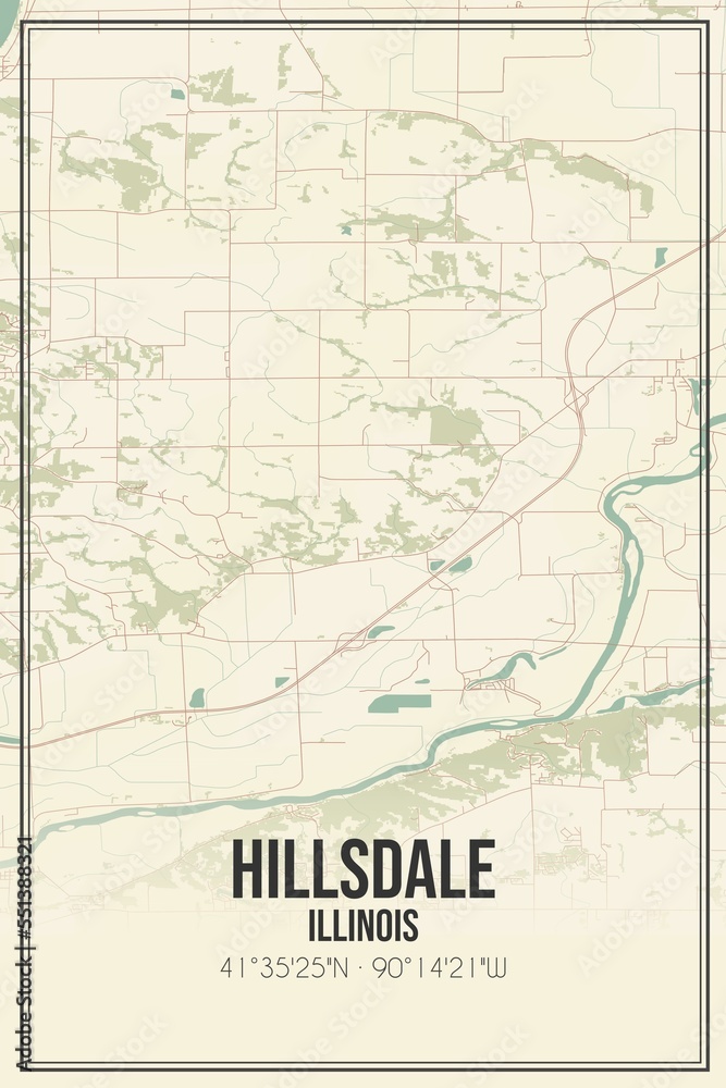 Retro US city map of Hillsdale, Illinois. Vintage street map.