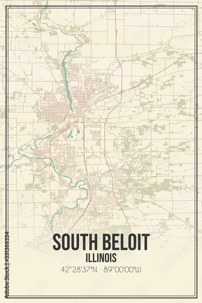 Retro US city map of South Beloit, Illinois. Vintage street map.
