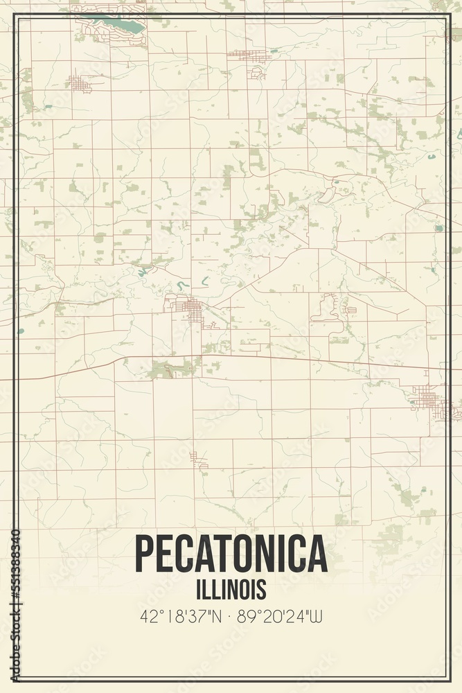 Retro US city map of Pecatonica, Illinois. Vintage street map.