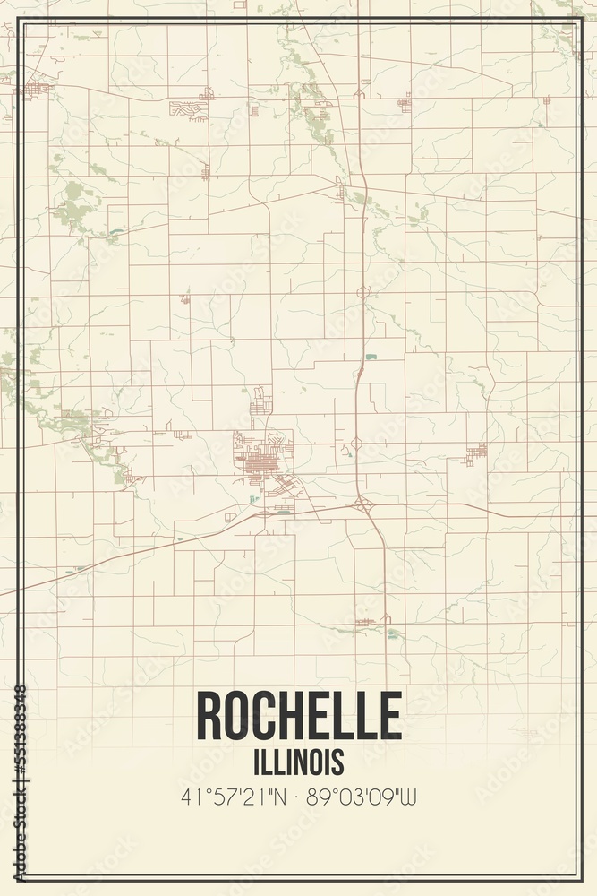 Retro US city map of Rochelle, Illinois. Vintage street map.