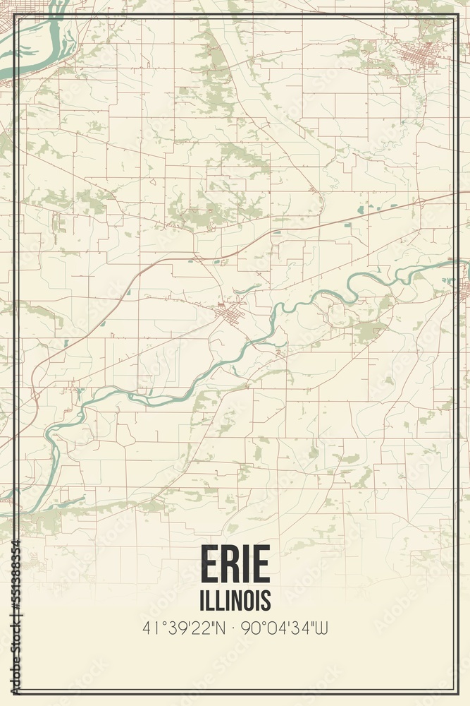 Retro US city map of Erie, Illinois. Vintage street map.