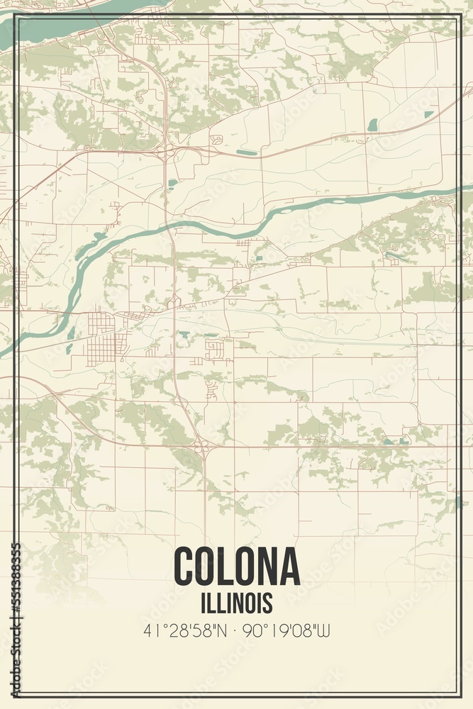 Retro US city map of Colona, Illinois. Vintage street map.