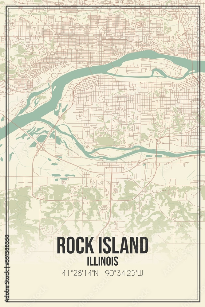 Retro US city map of Rock Island, Illinois. Vintage street map.