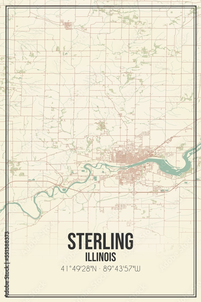 Retro US city map of Sterling, Illinois. Vintage street map.