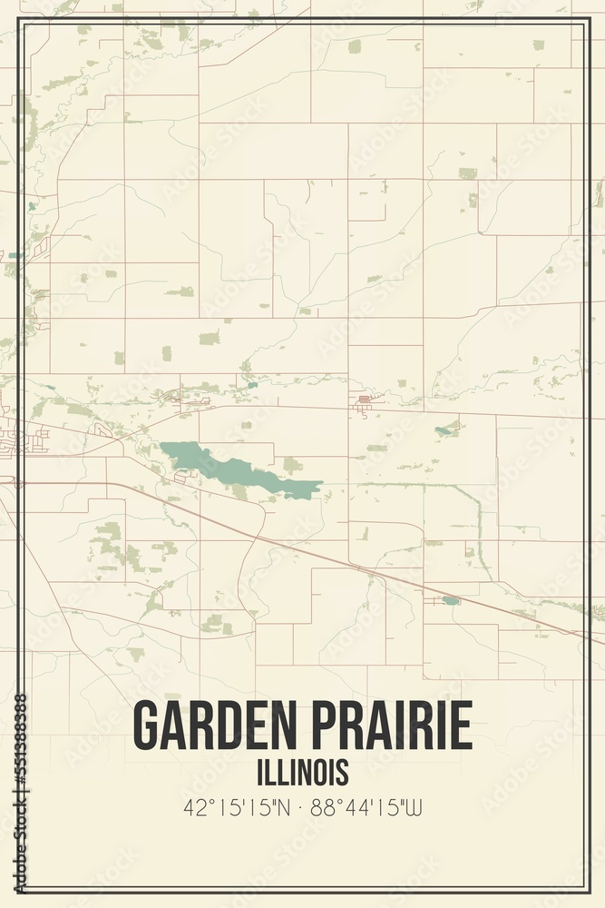Retro US city map of Garden Prairie, Illinois. Vintage street map.