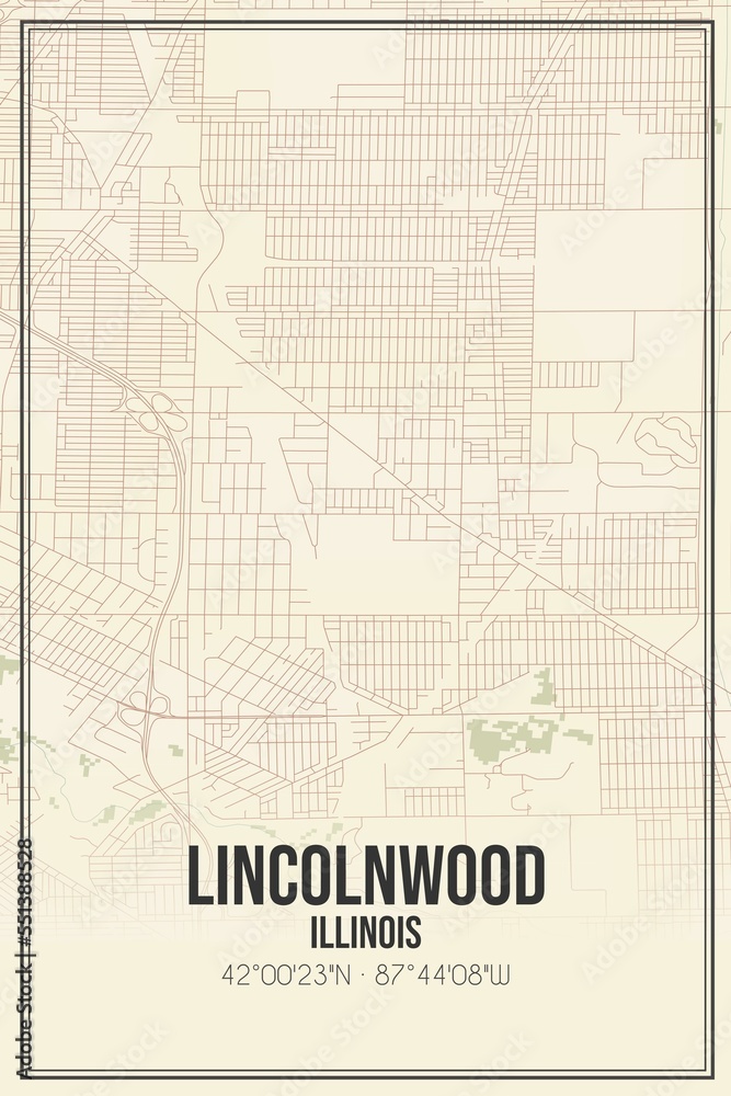 Retro US city map of Lincolnwood, Illinois. Vintage street map.