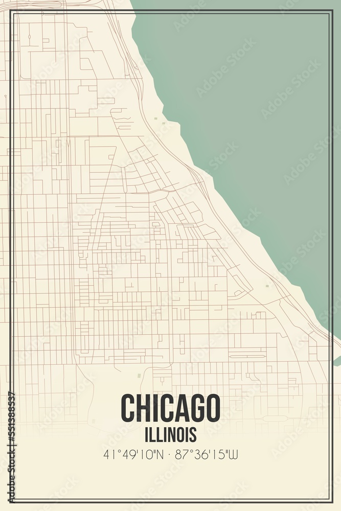 Retro US city map of Chicago, Illinois. Vintage street map.
