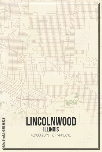 Fototapeta Naklejka Na Ścianę i Meble -  Retro US city map of Lincolnwood, Illinois. Vintage street map.