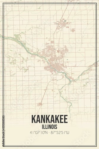 Retro US city map of Kankakee  Illinois. Vintage street map.