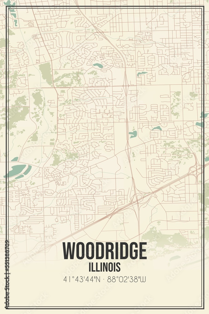 Obraz premium Retro US city map of Woodridge, Illinois. Vintage street map.