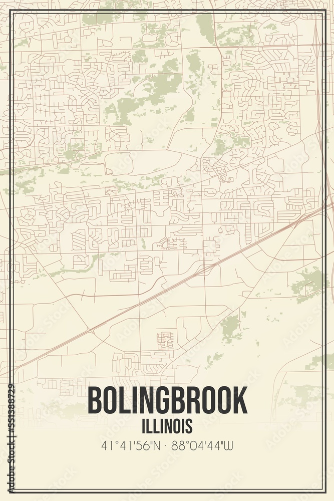 Retro US city map of Bolingbrook, Illinois. Vintage street map.