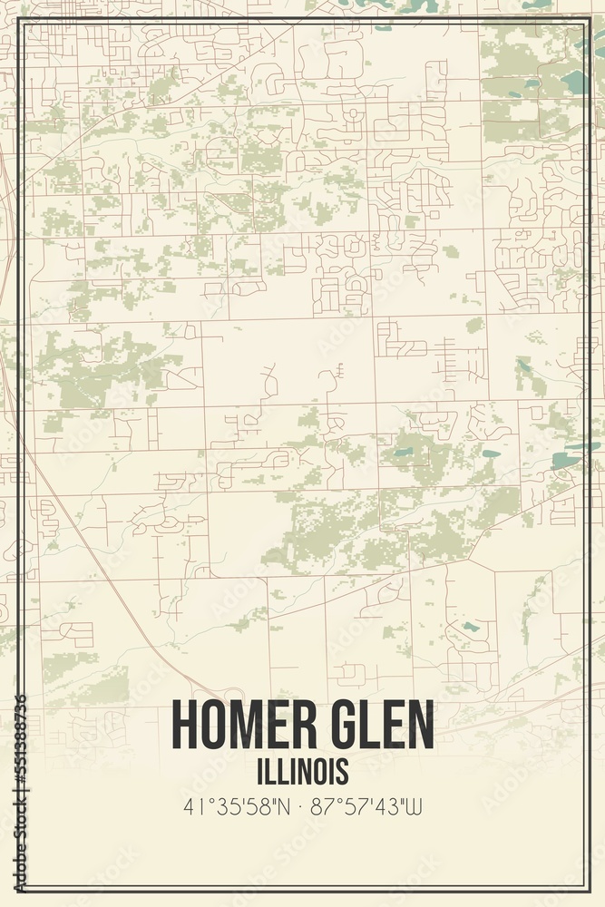 Retro US city map of Homer Glen, Illinois. Vintage street map.