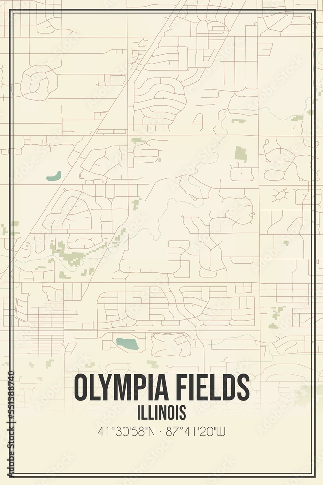 Fototapeta premium Retro US city map of Olympia Fields, Illinois. Vintage street map.
