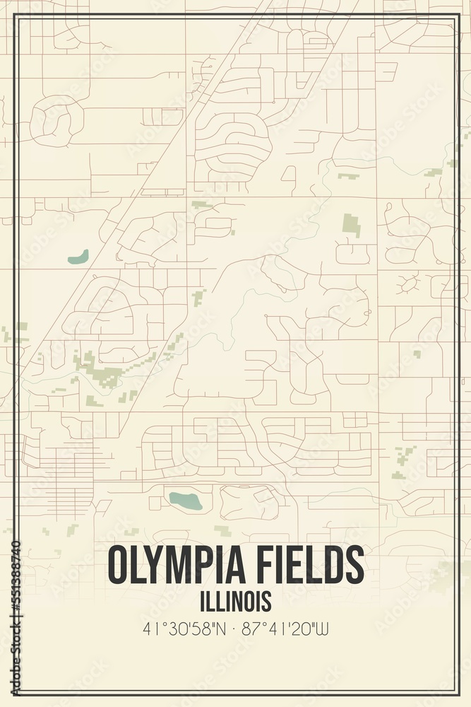Retro US city map of Olympia Fields, Illinois. Vintage street map.