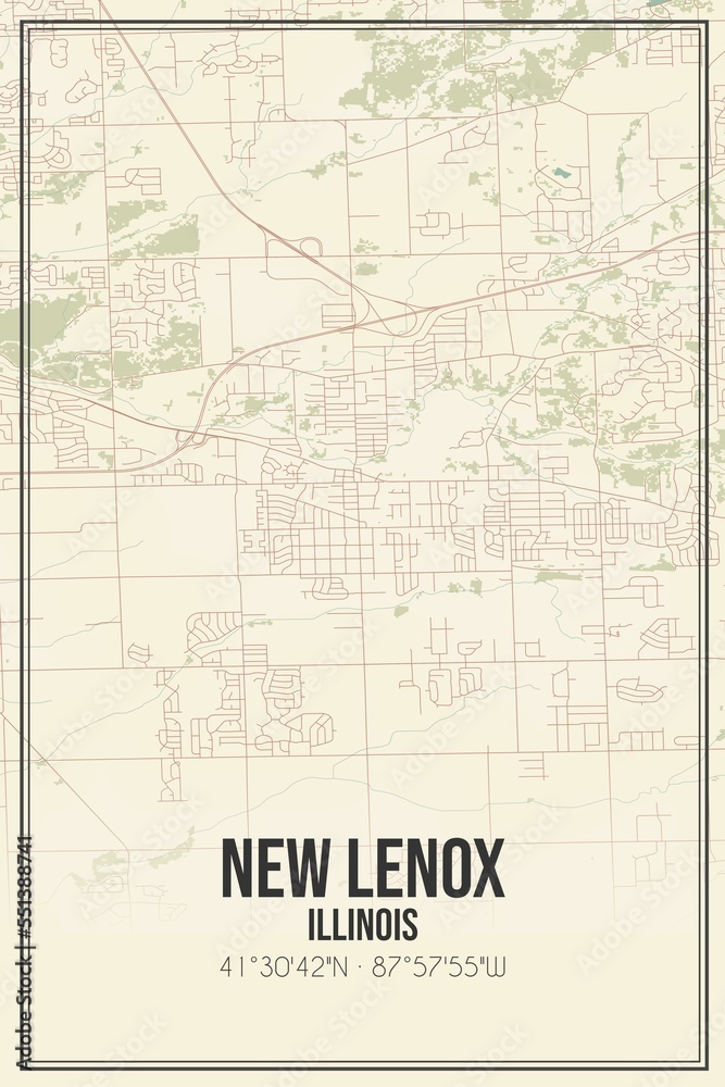 Retro US city map of New Lenox, Illinois. Vintage street map.