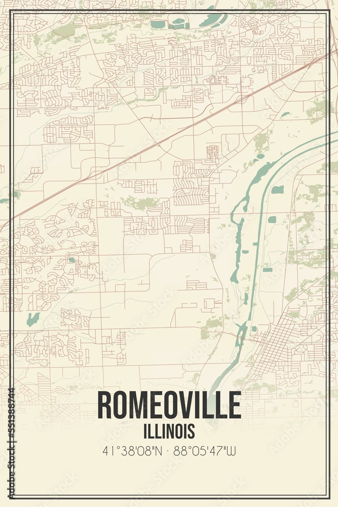 Retro US city map of Romeoville, Illinois. Vintage street map.