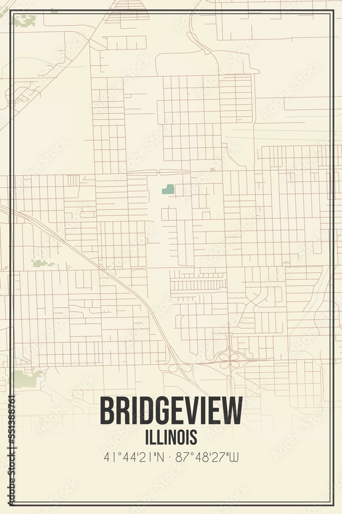Retro US city map of Bridgeview, Illinois. Vintage street map.