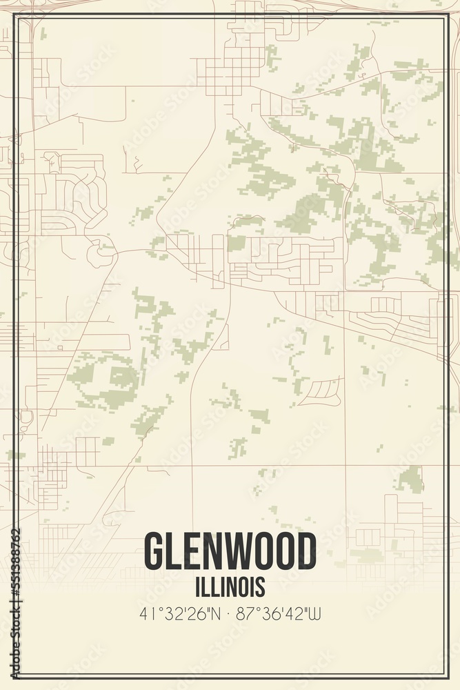 Retro US city map of Glenwood, Illinois. Vintage street map.