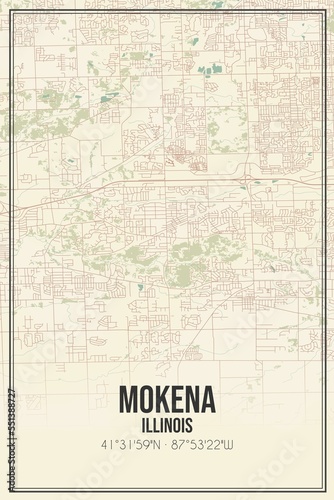 Retro US city map of Mokena, Illinois. Vintage street map. photo