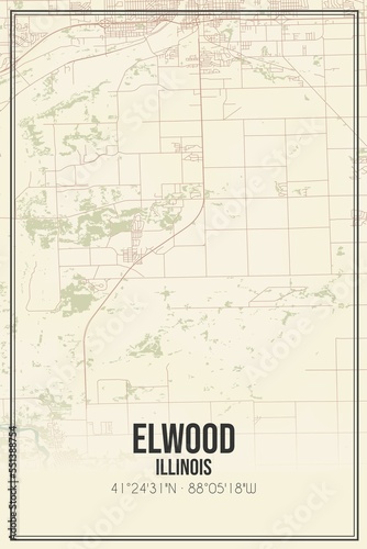 Retro US city map of Elwood, Illinois. Vintage street map.