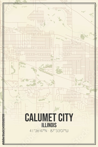 Retro US city map of Calumet City, Illinois. Vintage street map.