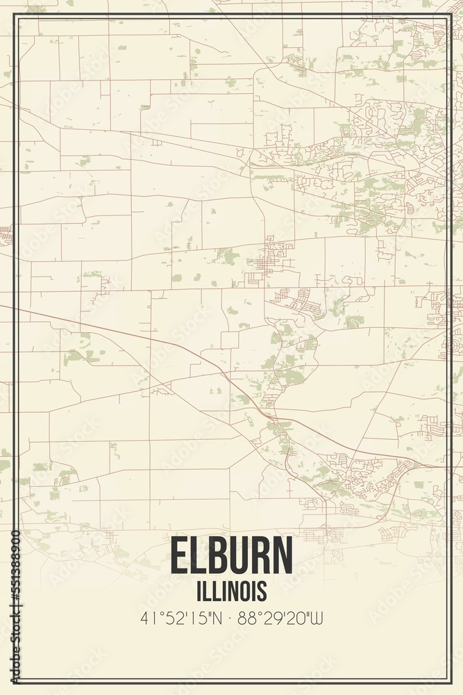 Fototapeta premium Retro US city map of Elburn, Illinois. Vintage street map.