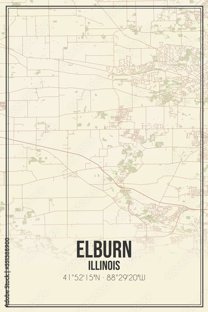 Retro US city map of Elburn, Illinois. Vintage street map.