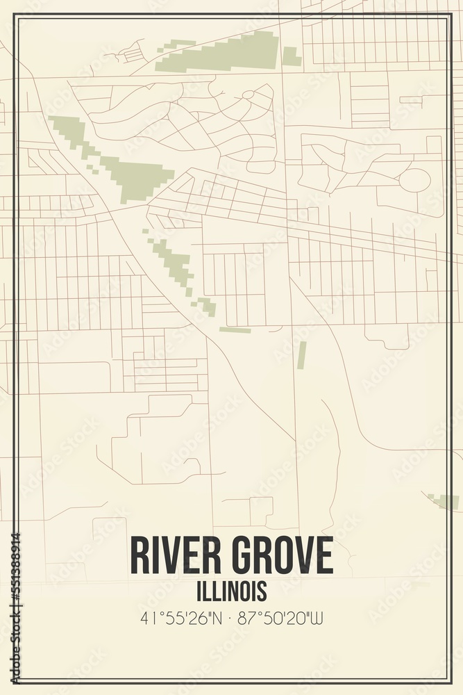 Fototapeta premium Retro US city map of River Grove, Illinois. Vintage street map.