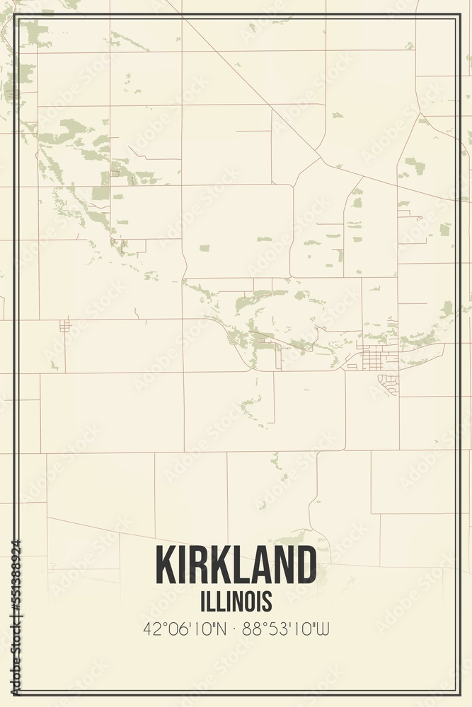 Retro US city map of Kirkland, Illinois. Vintage street map.