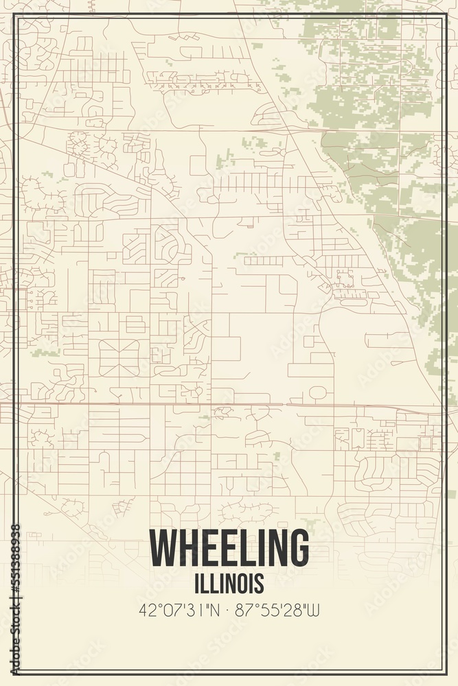 Retro US city map of Wheeling, Illinois. Vintage street map.