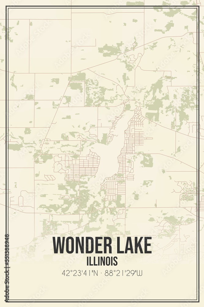 Retro US city map of Wonder Lake, Illinois. Vintage street map.