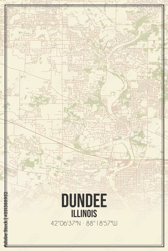 Retro US city map of Dundee, Illinois. Vintage street map.