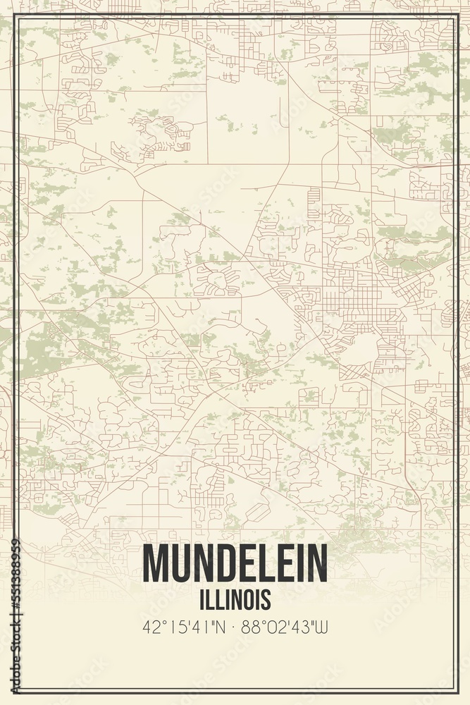 Retro US city map of Mundelein, Illinois. Vintage street map.