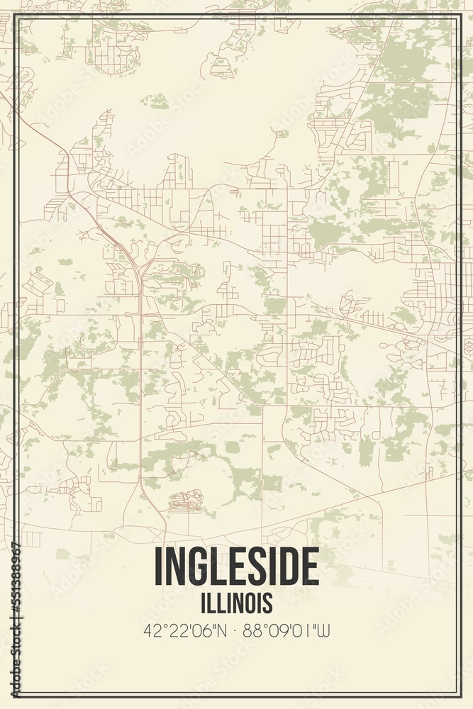 Retro US city map of Ingleside, Illinois. Vintage street map.