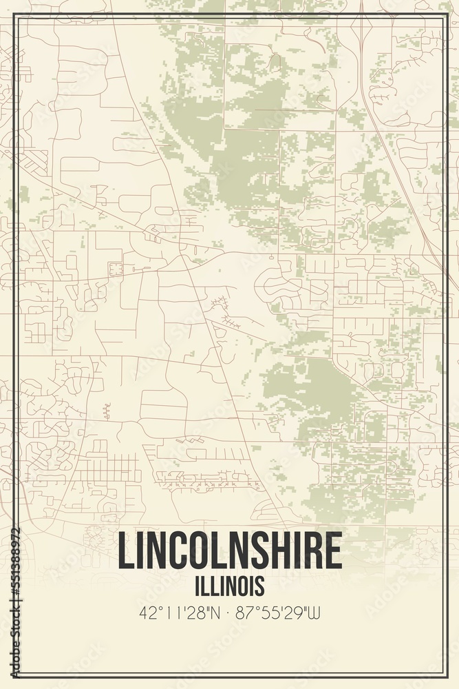 Retro US city map of Lincolnshire, Illinois. Vintage street map.