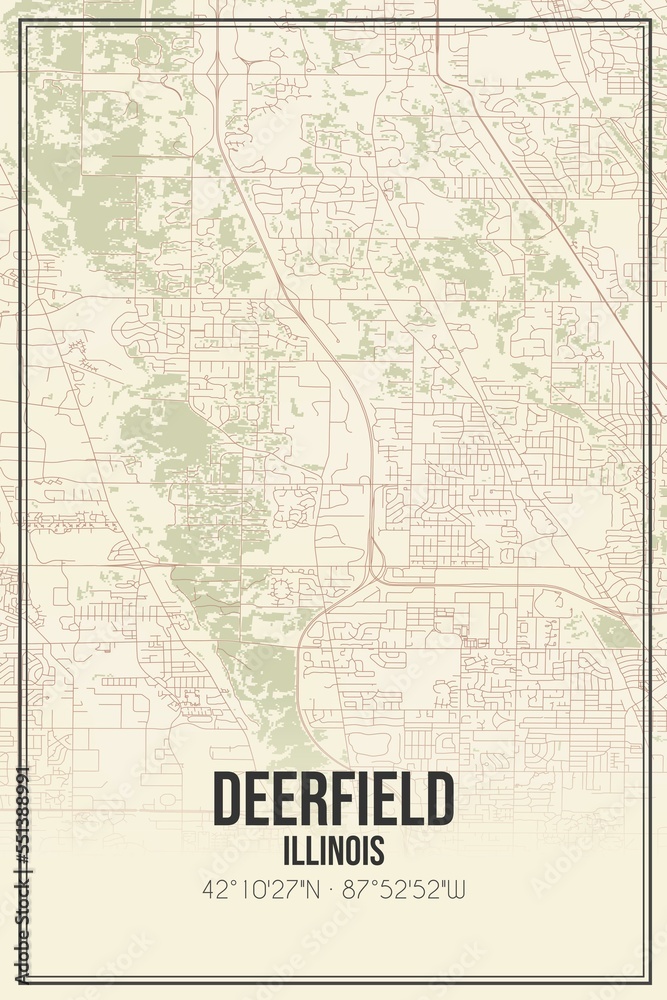 Retro US city map of Deerfield, Illinois. Vintage street map.