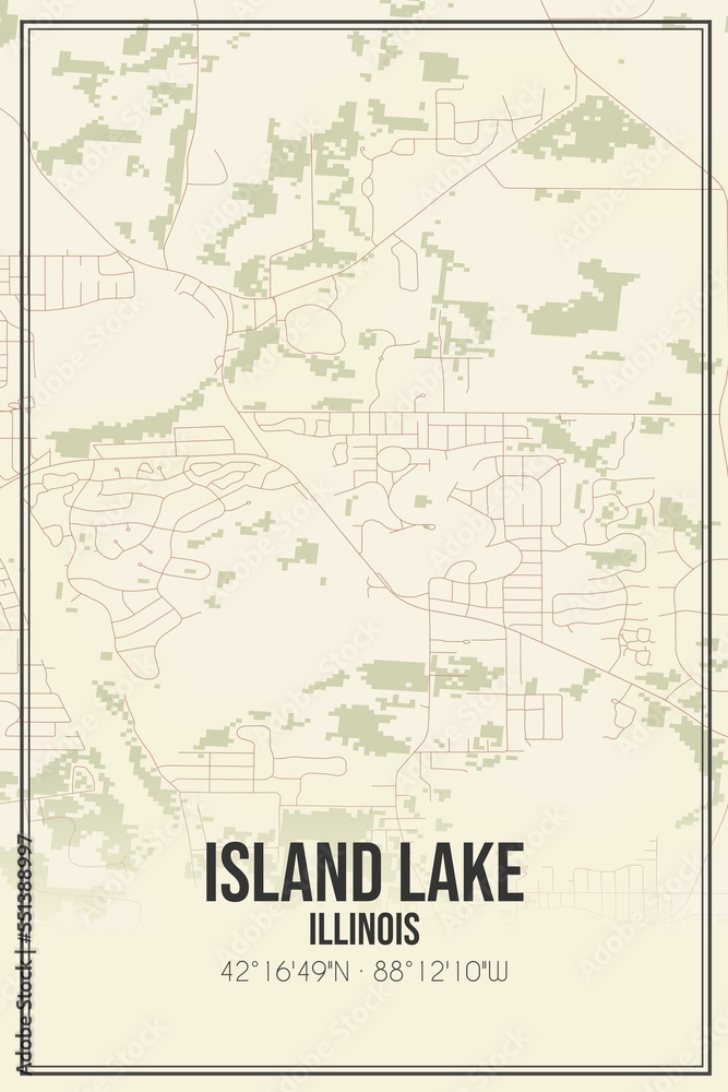 Retro US city map of Island Lake, Illinois. Vintage street map.