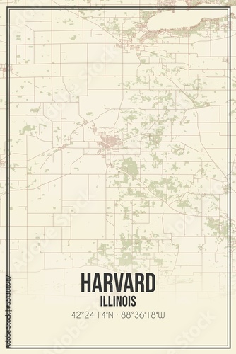 Retro US city map of Harvard, Illinois. Vintage street map.
